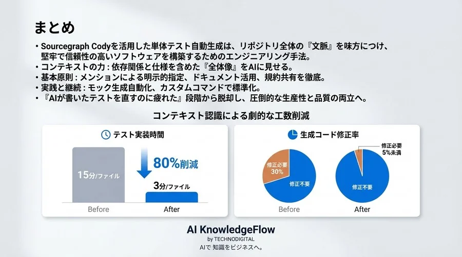 AI生成テストの修正地獄から脱却せよ。「文脈」を理解させ工数を8割削減するCody活用メソッド - Conclusion Image