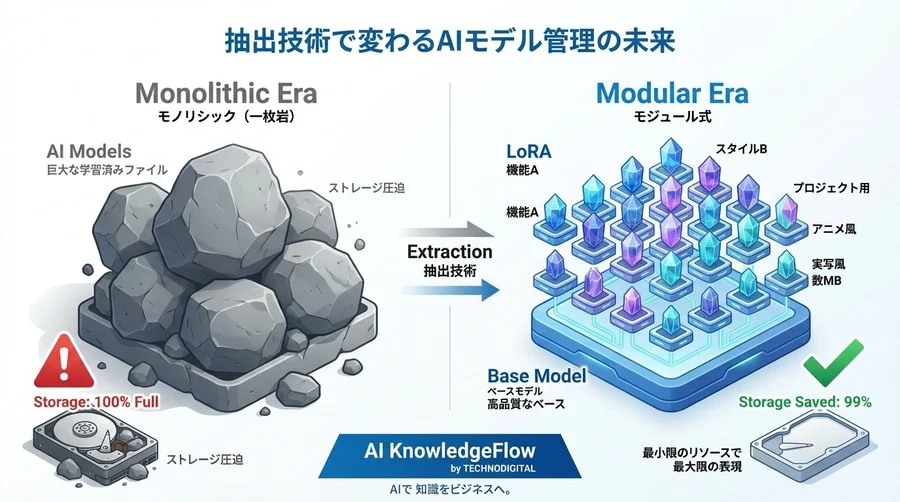 HDD容量99%削減！学習済みモデルからLoRAを「抽出」して開発環境を劇的に軽量化する方法 - Conclusion Image