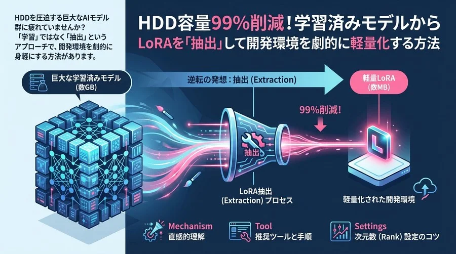 HDD容量99%削減！学習済みモデルからLoRAを「抽出」して開発環境を劇的に軽量化する方法