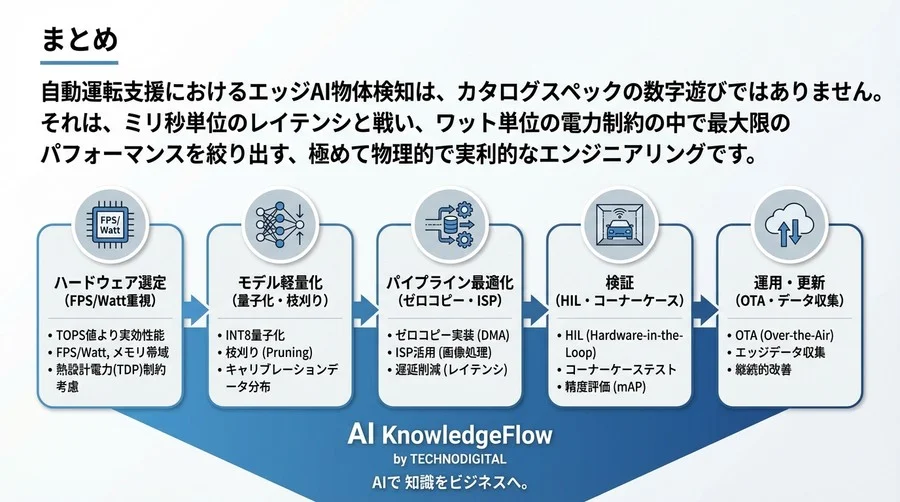 自動運転支援の「エッジAI物体検知」実装ガイド：TOPS値の罠を避け、熱制約下でFPSを最大化するハードウェア選定と軽量化手法 - Conclusion Image