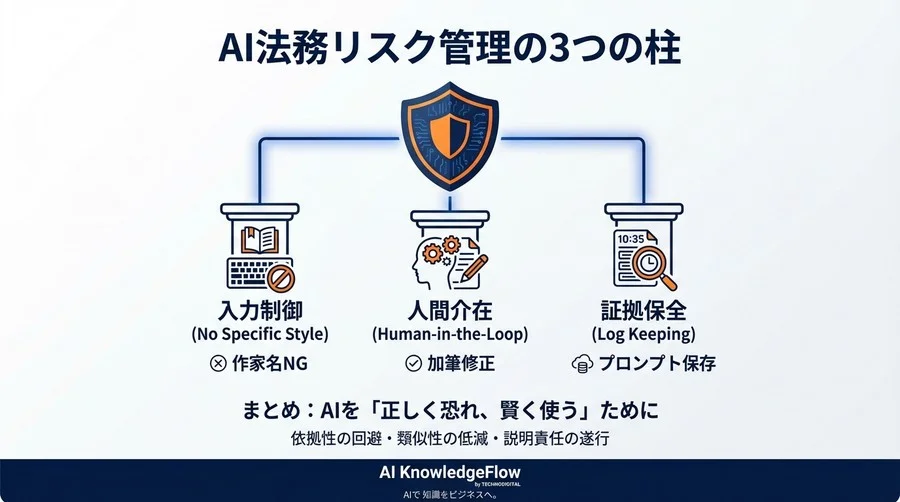 AIによる文体模倣のリスク管理：法的判断基準と社内ガイドライン策定の実務 - Conclusion Image