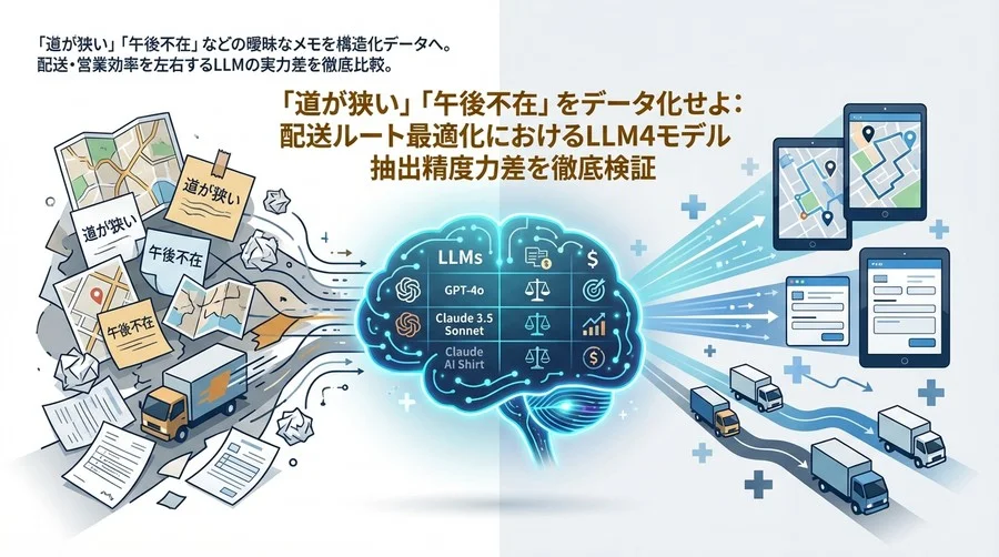 「道が狭い」「午後不在」をデータ化せよ：配送ルート最適化におけるLLM4モデル抽出精度比較検証