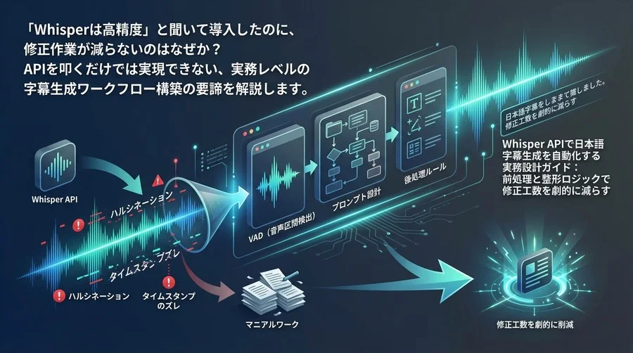 Whisper APIで日本語字幕生成を自動化する実務設計ガイド：前処理と整形ロジックで修正工数を劇的に減らす