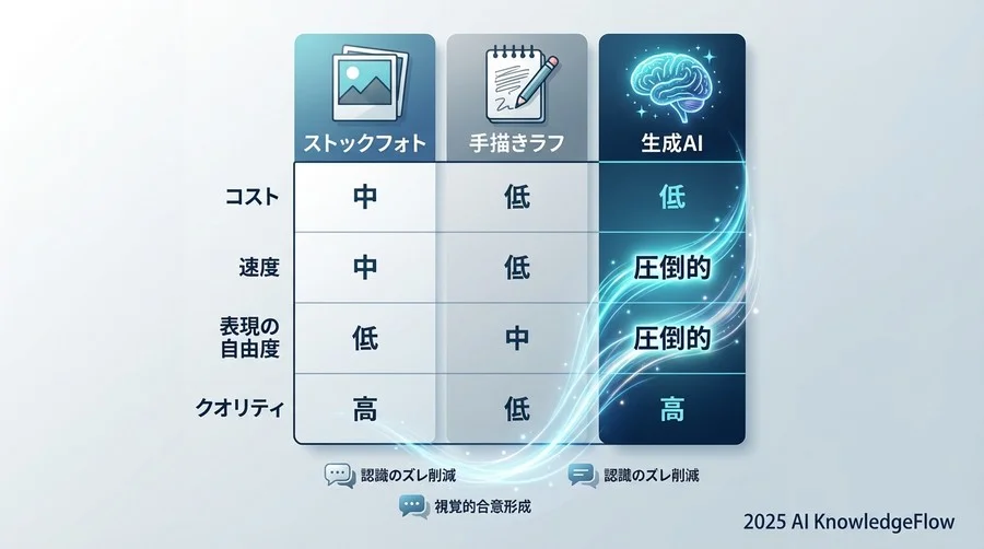 2. 解決策の比較検討：なぜ手描きラフや素材サイトではなく「生成AI」だったのか - Section Image