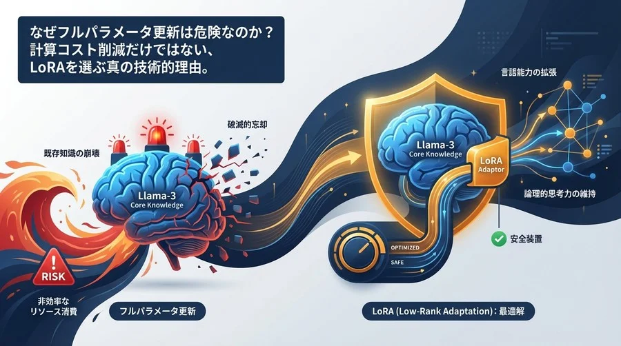 Llama-3日本語化の真実：なぜフルパラメータ更新は「危険」で、LoRAが「最適解」なのか