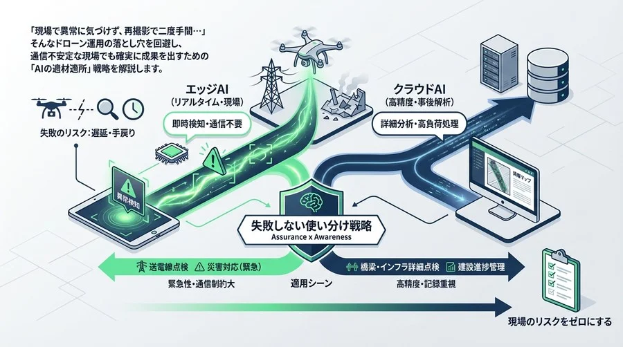ドローン画像解析の「失敗しない」使い分け戦略：エッジAIとクラウドAIで現場のリスクをゼロにする