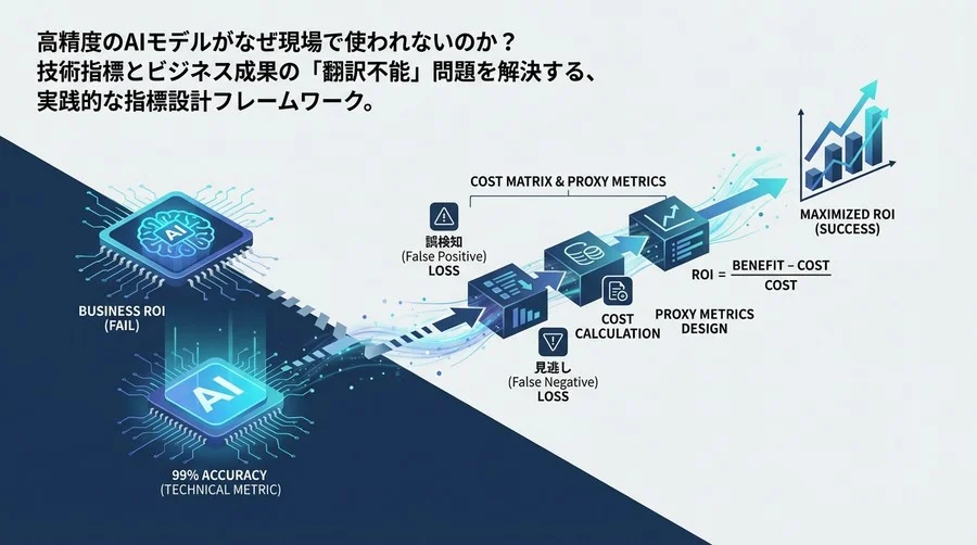 AIモデルの精度99%でも失敗する理由：ビジネス利益に直結する『評価指標』設計とROI最大化の計算式
