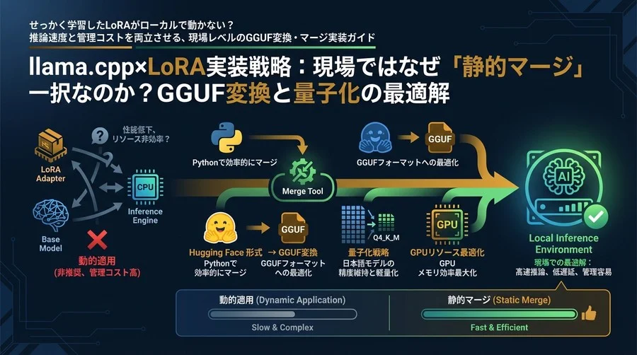 llama.cpp×LoRA実装戦略：現場ではなぜ「静的マージ」一択なのか？GGUF変換と量子化の最適解